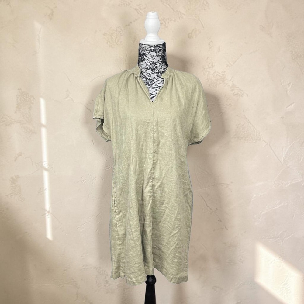 Minimalist Linen Shift Dress Short Sleeve Button Front Olive Green Casual Medium
